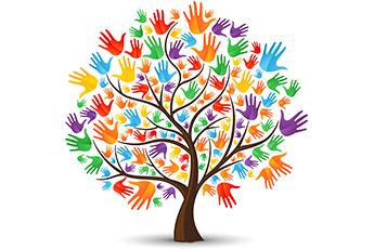 A tree with hands of different colors