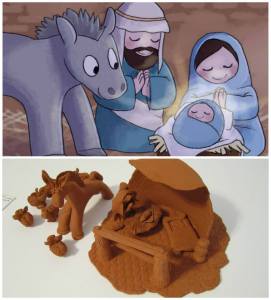 The author sculpted each scene in clay. Then artist Brittany Huskey used the sculptures on which to base her drawings.
